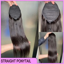Top Quality Peruvian Malaysian Indian Hair Natural Black Silky Straight Ponytail Hair Extensions 100% Raw Virgin Remy Human Hair
