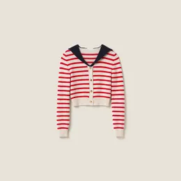 Women's Knits Basic Luxury Women Cashmere Stripe Knit Cardigan In Red & Tan Sweet Sailor Collar Long Sleeves Crop Top Preppy Style SS24