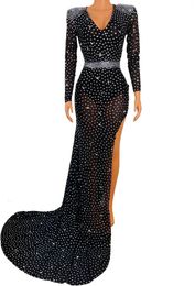 Stage Wear Autumn Mesh Gemstone Pearl Deep Neck Dress With Large Skirt Embellished Prom Party Exclusive Outfits