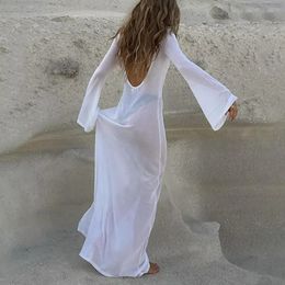 Backless mesh lace long sleeved womens dress 2023 summer casual sexy white Maxi beach dress O-neck solid loose fitting dress 240220