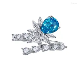 Cluster Rings 2024 7 10 Pear Shaped Sea Blue Diamond High Carbon S925 Silver Ring European And American Platinum