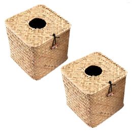 Jewelry Pouches 2 Pack Square Seagrass Facial Tissue Box - Decorative Woven Paper Holder Napkin Dispenser Straw Cover