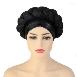 Ethnic Clothing Black Shiny Diamond Auto Gele African Headtie Bonnet Hat Twisted Turban For Women Muslim Braids Head Wrap Scarf Hijab Aso