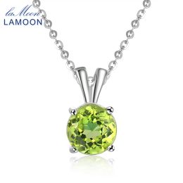 Necklaces LAMOON 8mm Natural Round Cut Peridot Sterling Silver Simple Pandent Chain Necklace Women Jewellery S925 LMNI057