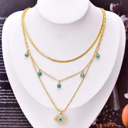 Pendant Necklaces 14k Yellow Gold Butterfly Moon Lock Blue Eyes Pendant Necklace For Women New Multilayer Choker Chain Jewellery Gifts with box