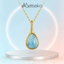 Necklaces Metiseko Natural Aquamarine Stone 925 Sterling Silver Necklace Waterdrop Shape Pendant Necklace Plated14K Gold Elegant for Women