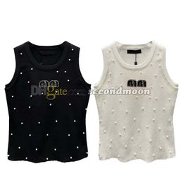 Fashion Pearl Tanks Women Shiny Rhinestone Vest U Neck Knits Top Woman Casual Style Vests