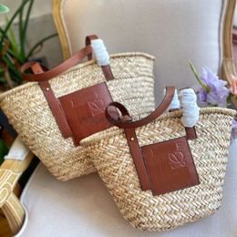 2024SS Beach Bags Women Grass Woven Vegetable Basket Fashion Out Totes Bag Adjustable Genuine Leather Shoulder Straps Imprinted Letters