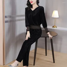 Women's Two Piece Pants 2024 Autumn And Winter Black Silk Velvet Long Sleeved T-shirt Set For V-neck Loose Large Slim