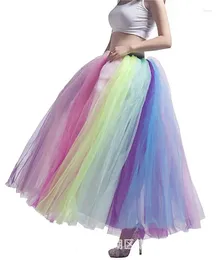 Skirts Autumn Winter Rainbow Pleated Maxi Tutu Skirt Vintage 6 Layers Elastic High Waist Long Party Beach Dresses