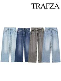 Women's Jeans TRAFZA For Women 2024 Worn In All Seasons Denim 4 Colours Long Trousers Female Cool High Street Wide Leg Pants