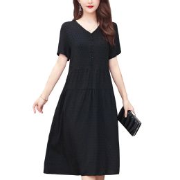 Dress New Fashion Casual Style 2023 Summer Dresses For Women Vneck Cotton Femme Vintage Aline Solid Dress Women Clothing