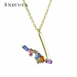 Necklaces ANDYWEN 925 Sterling Silver Mini Initial V T Letter Necklace Long Chain Alphabet Pendant Crystal CZ Rainbow CZ Zircon Necklace