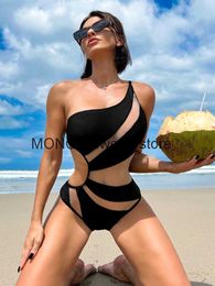 Women's Swimwear Sexy One shoulder Mesh Patchwork One-pieces Women 2023 New Hollow Out High Cut Womens swimsuit Black BodysuitH2422088