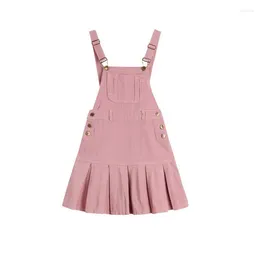 Casual Dresses Korean Style Pink Denim Suspender Dress Women Spring Summer Sweet All-matched Pleated Fashion Preppy Long Skirt