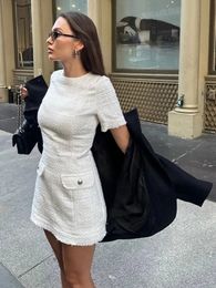 Womens Elegant Solid Fake Pocket Mini Dress Fashion O-neck Short Sleeve Tight Dress 2024 Office Womens Fashion Commuting Robe 240220