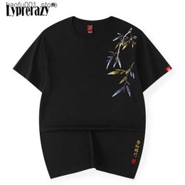 Men's T-Shirts Lyprerazy Summer National Tide Bamboo Embroidery Cotton Short-sleeved T-shirt Mens Loose Chinese Style Shirt Q240220