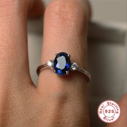 Rings ROXI 925 Sterling Silver Engagement Ring Oval EX Cut Dark Blue Gemstone CZ Silver Color Rings For Bride Anillos De Compromiso