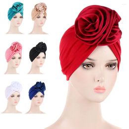 Ethnic Clothing Fashion Bonnet Satin Big Flower Headscarf Women Hat Elastic Headband Turban Muslim Hijab Beanie Chemo Cap Hair Loss Headwear