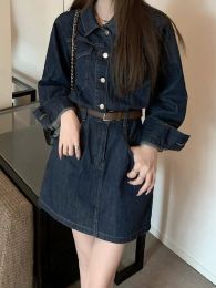 Dresses S5XL Vintage Women Denim Dress Dark Blue Long Sleeved Turn Down Collar Mini Dresses Spring Summer Female Shirt Dress