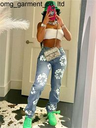 New 2024ss Womens Jeans Akaily Fall Floral Print For Women Streetwear Blue High Waist Baggy Ladies Solid Casual Straight Long womens jeansPants