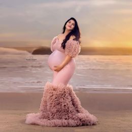 Dresses Dreamlike Women Dresses Stretchy Elegant Pink Mermaid Maternity Dress Half Sleeves Tulle Layered Maternity Gowns Off Shoulder