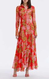 2024 Primavera de primavera estampa floral vestido feminino Feminino de lapela zíper de manga longa de manga longa vestidos longos casuais as013