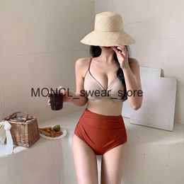 Women's Swimwear Women Mid Waist Tummy Control Bikini Set Solid Twisted Front Biquini Padded Two Pieces Swimsuit Sexy Bathing Suit Korea StyleH2422088