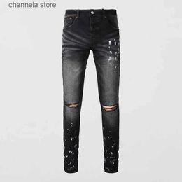 Men's Jeans New Mens Slim Fit Paint Print Distressed Streetwear Stretch Black Skinny Denim Jeans Damage Holes Pants T240220