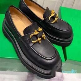 Dress shoes Designer leather letter black Thick heel high heels cowhide Metal Button platform women shoe