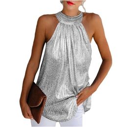 Women'S Blouses Shirts Womens Plus Size 5Xl Women Gold Sier Black Glitter Blouse Shirt Summer Sleeveless Halter Vest Casual Loose Dhpze