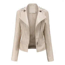 Women's Jackets Spring And Autumn Riveted Artificial Leather Jacket High Street Style Long Sleeve Motorcycle Zipper Coat