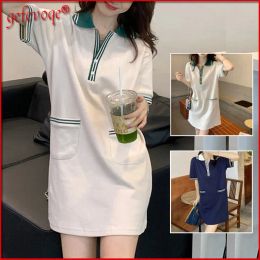 Dress Casual Sport Student Cute Sweet Polo Mini Dress 2022 New Summer Fashion Korean Short Sleeve Pockets Streetwear Dresses for Women