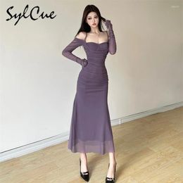 Casual Dresses Sylcue Winter Sisters Party Elegant Mature Demure Gentle Sexy Sweet Women'S Solid Colour Simple Long Sleeve Shoulder Dress