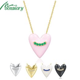 Pendants Moonmory American Trendy Jewelry 925 Sterling Silver Drop Heart Pendant Necklace For Women Pink Enamel Necklace With CZ Adjust