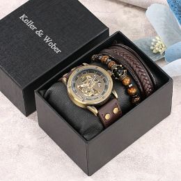 Appliances Vintage Golden Mens Watch Mechanical Watches Elastic Adjustable Bracelets Fashion Gifts Set Box for Husband Boyfriend