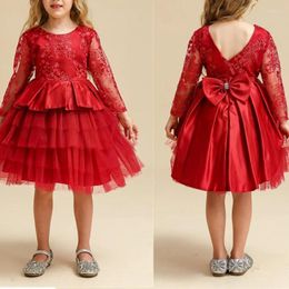 Girl Dresses O-neck Lace Simple Elegant Flower Girls V-back Bow Princess Robe Pleated Long Sleeve Kids Birthday Party Dress