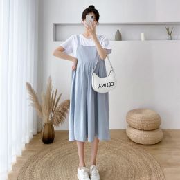 Dresses Summer Short Sleeve ONeck Block Color Patchwork Pregnant Women Dress High Waist Maternity Cotton Dress Loose Pregnancy Dresses