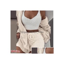 Men'S Sleepwear Winter Home Wear Casual 3 Pieces Women P Warm Pyjamas Long Sleeve Vest Crop Tops Short Pants And Coat Pijamas Drop D Dhbms