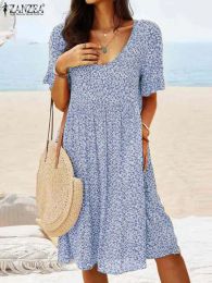 Dresses Zanzea Floral Printing Dress Summer Women Short Sleeve Oneck Dresses Bohemian Holiday Casual Beach Robe Knee Length Sundress
