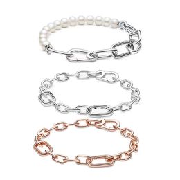 Bangles LR ME Link Chain Freshwater Cultured Shell Pearl Bracelet For Women Girl Gift Real 925 Silver Adjustable Oval Circles Jewelry