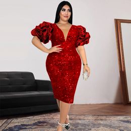 Hot Style Sexy V-neck Ruffles Puff-sleeve Plus Size Women Dress High-waisted V-back Sparkling Sequined Party Dresses S--4XL