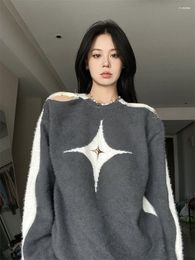 Women's Sweaters Women's 2024 Retro Contrast Color Star Sweater Sexy Slash Neck Off Shoulder Long Sleeve Tops Autumn Harajuku Fashion