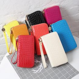 Wallets Female Long Purse Fashion Bright Lacquered Coin Handbag Solid Colour Double Zipper Larger Capacity Card Stone Pattern Wallet