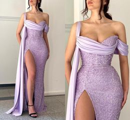 High Sexy Lilac Thigh Split Evening Dresses with Pleats Ruffles Train Sweetheart Sequins Beads Long Women Ocn Prom Party Gowns BC16734