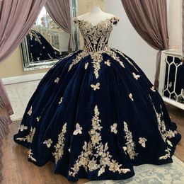 Luxury Navy Blue Sweetheart Appliques Off The Shoulder Quinceanera Dress 2024 Ball Gown Gold Applique Bow 15 Anos Prom Dress