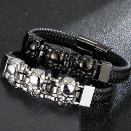 Bracelets Punk Skull Wristband Charms Leather Man Bracelet Homme With Magnetic Clasp Black Plated Stainless Steel Mens Jewellery Engraving