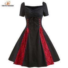 Dresses S4XL Big Size Dress 2022 Summer Women Vintage Black Red Lace Up Dress Ruched Bust Tie Front Gothic Tunic Rockabilly Dresses