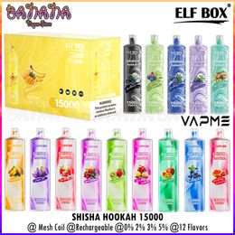 Shisha Hookah Elf Box 15000 Puffs Vapme Puff 15k Disposable Vape Mesh Coil Rechargeable Bar Kit Vaper 12 Colours 0% 2% 3% 5%
