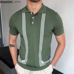 Men's T-Shirts Hot Sale Mens Summer Clothes Luxury Style Slim Green Stripe Polo Shirts Male Knitted Short Sleeve Polo T shirts Men Shirts Q240220